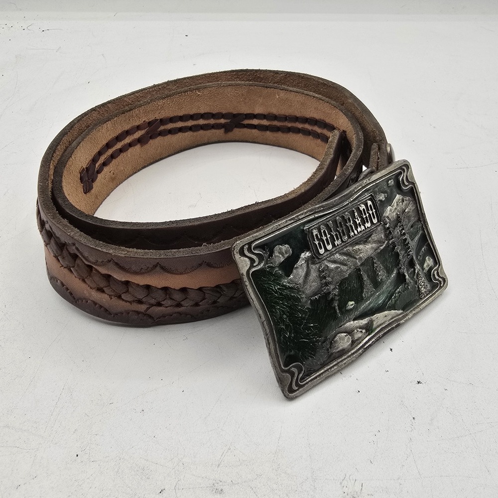 Vtg 1976 Dix Leather Company Colorado Belt Buckle & Sz 32 Leather Belt